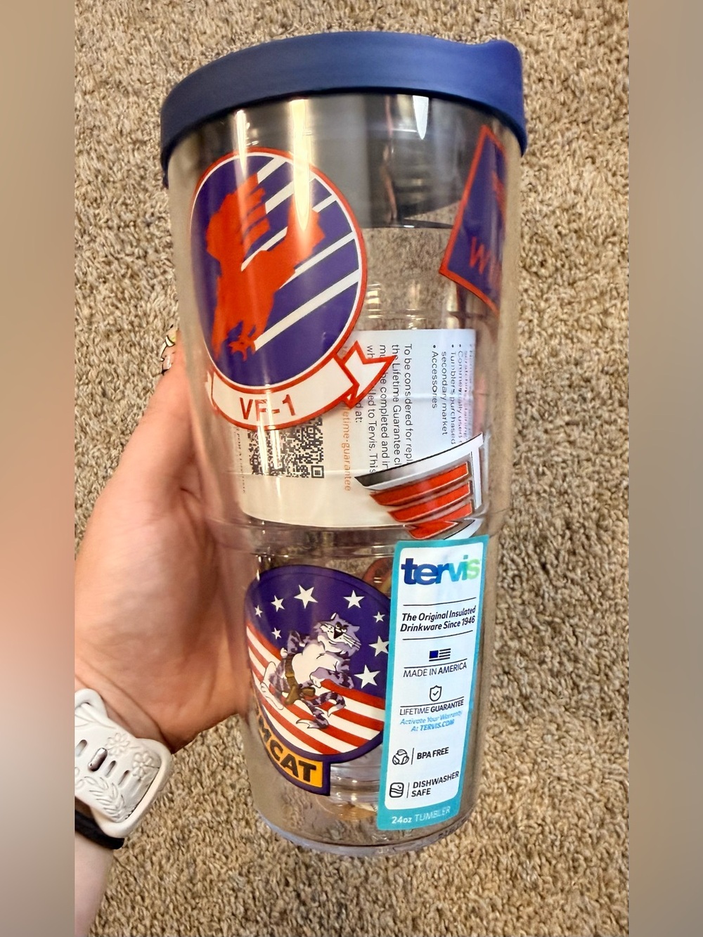 tervis Clear Insulated Tumbler with Blue Lid and Red/Blue Top Gun Decals